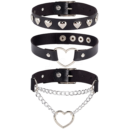 3Pcs 3 Styles Punk-style Imitation Leather Chocker Necklaces NJEW-CL0001-25-1