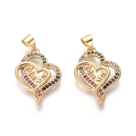  Jewelry Beads Findings Golden Plated Brass Pendants, with Cubic Zirconia, Heart with Word Mama, for Mother
