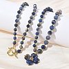 Saint Patrick's Day Natural Sodalite Clover Pendant Round Beaded Necklaces with Brall Heart OT Clasps NJEW-G202-02G-05-1