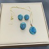 Oval Natural Aquamarine with Czech Rhinestone Pendant Necklaces & Stud Earrings & Rings Sets FS-WG513DD-01-3