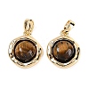 Brass Pave Natural Tiger Eye Flat Round Charms KK-U043-42G-A-1