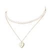 Natural Cultured Freshwater Pearl Potato Beaded Brass Heart with Letter Pendant Double Layer Necklaces NJEW-JN05392-01-2