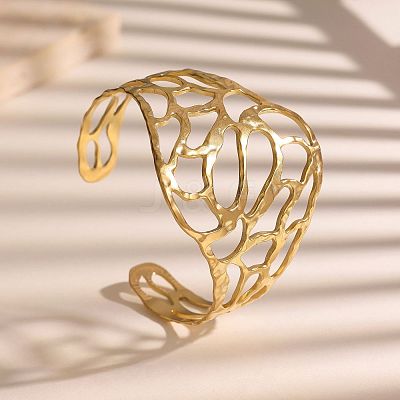 304 Stainless Steel Hollow Leaf Wide Open Cuff Bangles for Women WG4B663-01-1