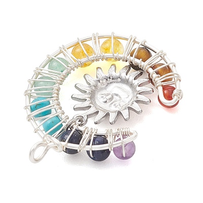 7 Chakra Round Mixed Stone Copper Wire Wrapped Moon Pendants PALLOY-TA00401-02-1