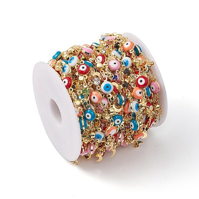 Enamel Evil Eye & Glass Flat Round Link Chains CHC-C003-22G-01-1