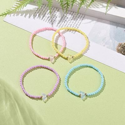 Opaque Acrylic & Brass Beaded Stretch Bracelets BJEW-JB09122-1