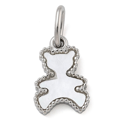 304 Stainless Steel Pave Natural White Shell Bear Charms with Jump Ring STAS-B075-01P-02-1