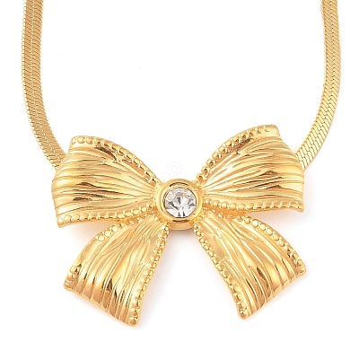 304 Stainless Steel Crystal Rhinestone Flat Snake Chain Bowknot Pendant Necklaces for Women NJEW-Z046-03G-1