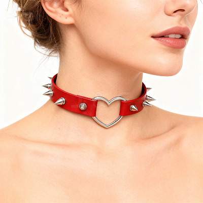 Adjustable Adjustable Gothic PU Leather Alloy Spike Rivet Heart Choker Necklaces for Women NJEW-WH20816-006P-C-1