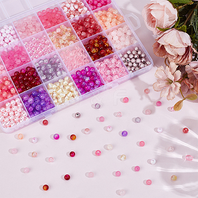 DIY 1200Pcs Crackle Glass & Acrylic Round Beads Findings Kits DIY-PA0001-34B-1