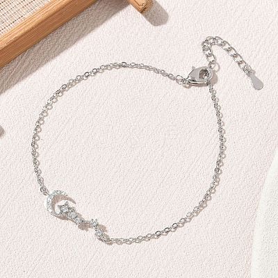 Brass Micro Pave Clear Cubic Zirconia Moon Star Link Bracelets KK-CBA6980-25P-1