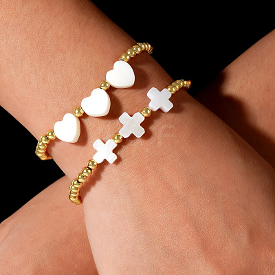 2Pcs 2 Styles European Cross Heart Natural Shell and Brass Round Beaded Stretch Bracelet Sets AC5817-1-1