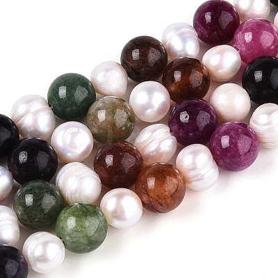 Dyed Natural White Jade Round & Natural Cultured Freshwater Pearl Grooved Potato Beads Strands PEAR-N019-04-1