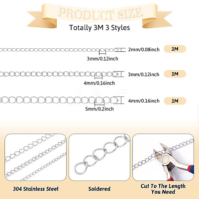 3M 3 Styles 304 Stainless Steel Curb Chains CHS-TA0001-54-1