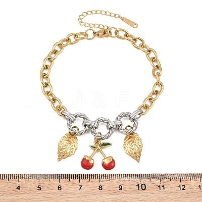 Duo Tone 304 Stainless Steel Enamel Red Cherry Leaf Charm Bracelets for Women SA-CBA717A-05G-1