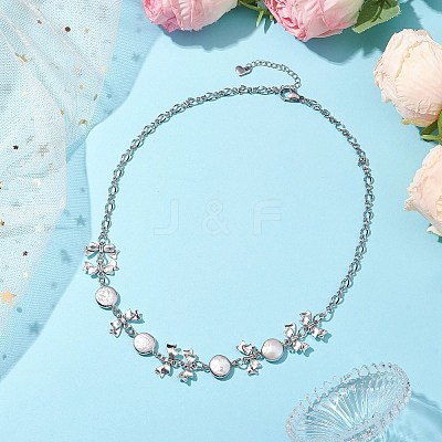 Flat Round Pearl with Bowknot Alloy Link Necklaces NJEW-JN04812-1