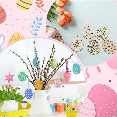 50Pcs 5 Style Easter Unfinished Wood Pendant Ornaments WOOD-GF0002-01-1