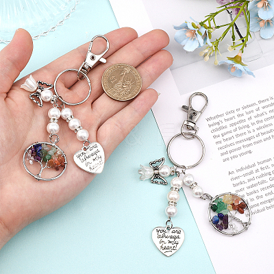 2Pcs Chakra Tree Of Life Natural/Synthetic Mixed Stone Pendant Keychain KEYC-CA0001-39-1