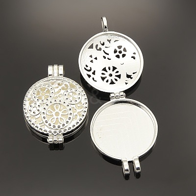 Hollow Flat Round Photo Frames Alloy Diffuser Locket Pendants PALLOY-J413-18S-1