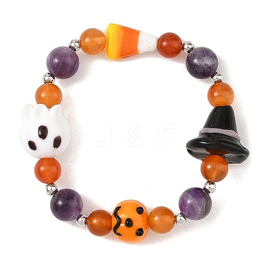 Handmade Lampworrk Ghost Pumpkin and Round Natural Amethyst & Red Agate Beaded Stretch Bracelets for Women BJEW-TA00766-1
