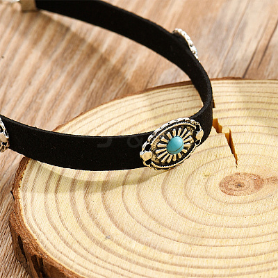 2Pcs 2 Colors Bohemian Alloy & Resin Imitation Turquoise Oval Velvet Choker Necklaces NJEW-CL0001-11-1