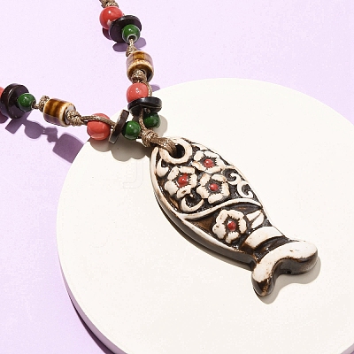 Ceramic Fish Pendant Adjustable Waxed Cord Necklaces for Women NJEW-B146-04-1