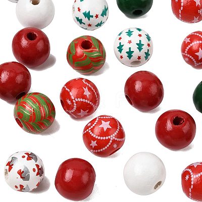 50Pcs 7 Colors Christmas Spray Painted Wood European Beads WOOD-FS0002-43-1