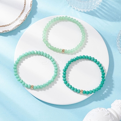 3Pcs Faceted Imitation Jade & Opaque Glass Rondelle Beaded Stretch Bracelets for Women BJEW-JB12563-03-1