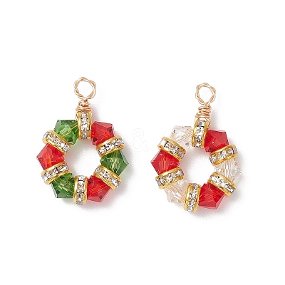 2Pcs 2 Colors K9 Glass and Brass Crystal Rhinestone Beaded Hexagon Pendants PALLOY-JF04343-1