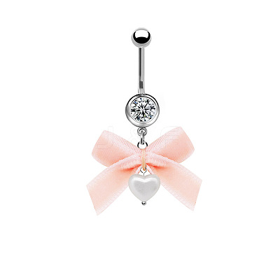 304 Stainless Steel Pave Cubic Zirconia with Cloth Bowknot Heart Dangle Belly Rings FS-WG03D58-08-1