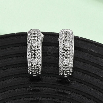 Brass Micro Pave Clear Cubic Zirconia J-Shaped Stud Earrings EJEW-B153-18P-1