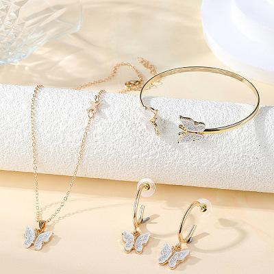 Butterfly Alloy Acrylic Pendant Necklace & Stud Dangle Earring & Cuff Bangles Sets for Women FS-WG2F59A-01-1