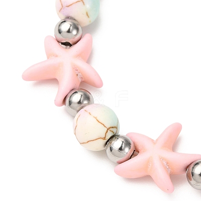 Starfish Synthetic Turquoise Beads & Brass Beads Stretch Bracelets BJEW-JB12417-02-1