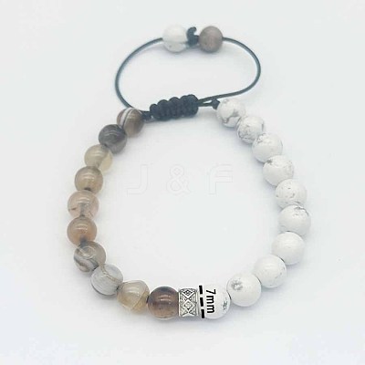 Adjustable Round Natural Howlite & Gray Agate Braided Bead Bracelets for Women Men GP7384-5-1