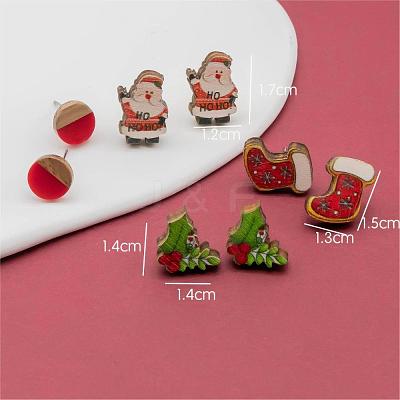 4 Pairs Santa Claus & Holly Leaves & Christmas Socking Printed Wood Stud Earrings EJEW-OY001-02-1