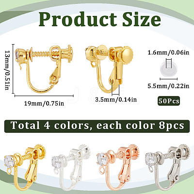 32Pcs 4 Colors Brass Micro Pave Cubic Zirconia Screw Clip-on Earring Findings KK-SC0005-55-1