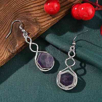 Hexagon Natural Amethyst Dangle Earrings EJEW-K298-01P-01-1