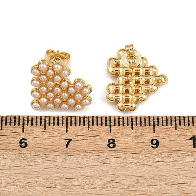 Brass ABS Plastic Pearl Heart Stud Earrings EJEW-L275-14G-03-1