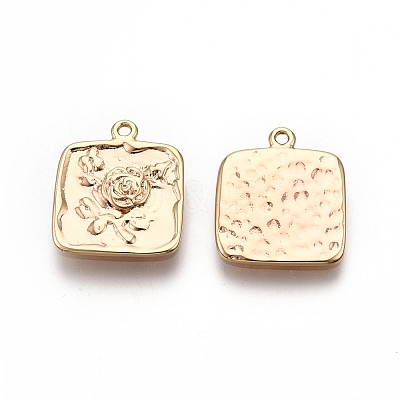 Square with Rose Pattern Brass Pendants KK-G436-20G-1