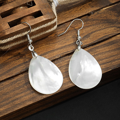 Teardrop Brass Natural Shell Teardrop Dangle Earrings FS-WG8278B-01-1