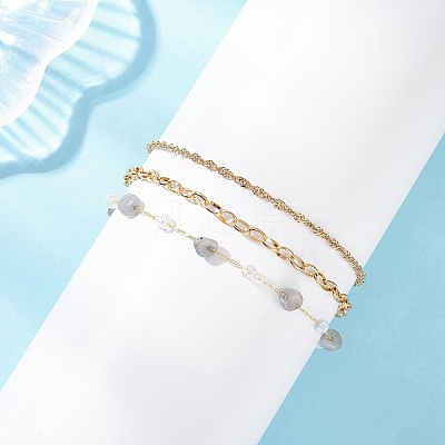 Natural Morganite Nuggets & 304 Stainless Steel Link Chain 3 Layer Anklets for Women AJEW-AN00743-02-1