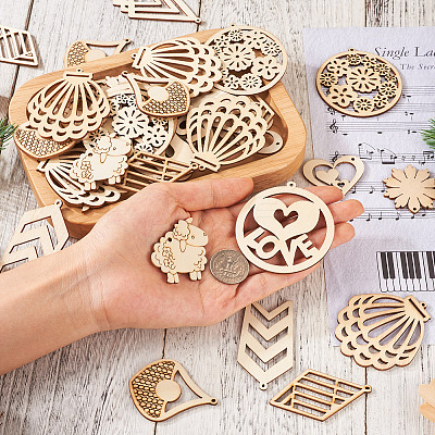 100Pcs 10 Styles Undyed Natural Wooden Big Pendants WOOD-EL0001-03-1