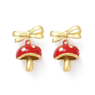 Mushroom with Bowknot Brass Enamel Dangle Stud Earrings EJEW-F895-25B-G-1