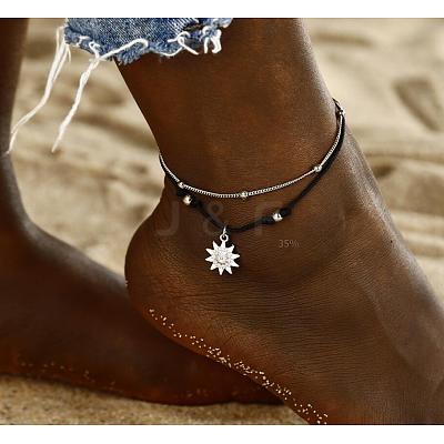 Sun Alloy Charm Waxed Cord Double Layer Anklets for Women FS-WG12E23-01-1
