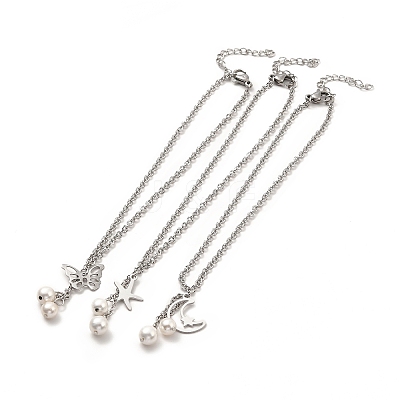 CCB Pearl & 304 Stainless Steel Charm Anklet for Women AJEW-C021-22P-1