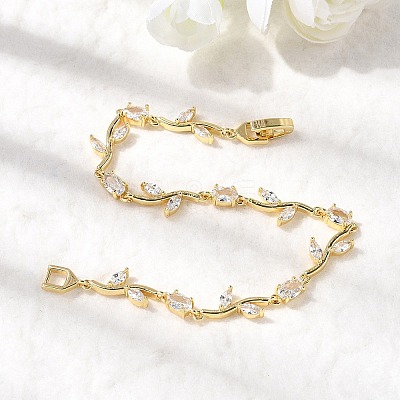 Leaf Brass Micro Pave Clear Cubic Zirconia Link Chain Bracelets BJEW-C130-02G-1