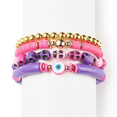 4Pcs 4 Style Acrylic Evil Eye & Plastic Skull & Synthetic Hematite Beaded Stretch Bracelets Set BJEW-JB08896-1