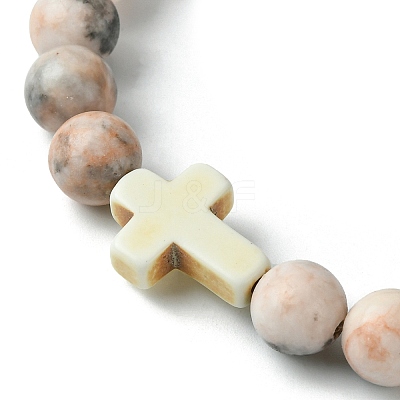 Natural Pink Zebra Jasper & Synthetic Turquoise Cross Beaded Stretch Bracelet BJEW-JB09791-1