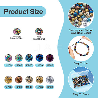 150Pcs 10 Colors Electroplated Natural Lava Rock Beads Strands G-PJ0001-03B-1