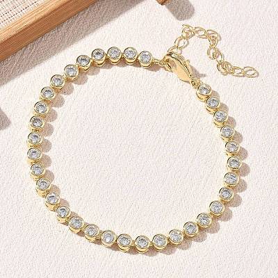 Brass Pave Cubic Zirconia Flat Round Link Chain Bracelets KK-CBA6980-17G-B-1